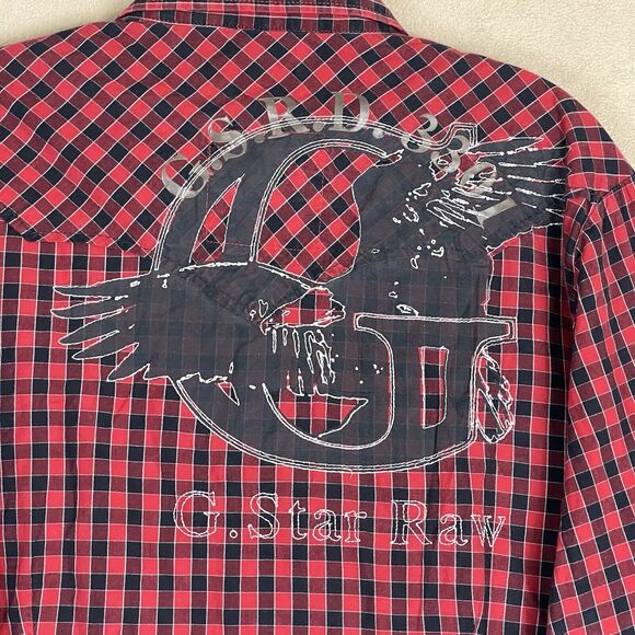G-Star Raw Shirt Mens Large Red Plaid Long Sleeve Snap Up‎ Graphic Print - Picture 11 of 13
